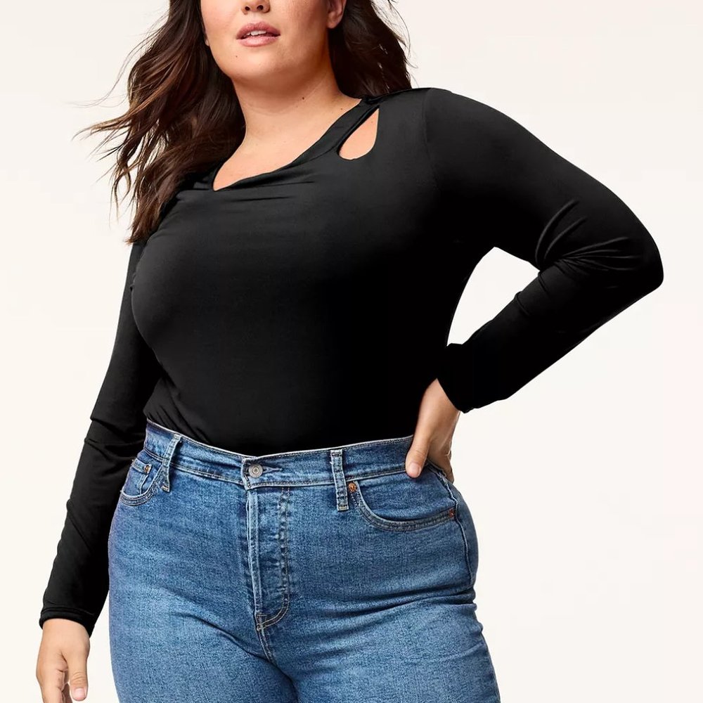 ❤️NWT INTEMPO PLUS SIZE BODYSUIT - BLACK CUTOUT ACCENT SNAP CROTCH - LIKE TORRID